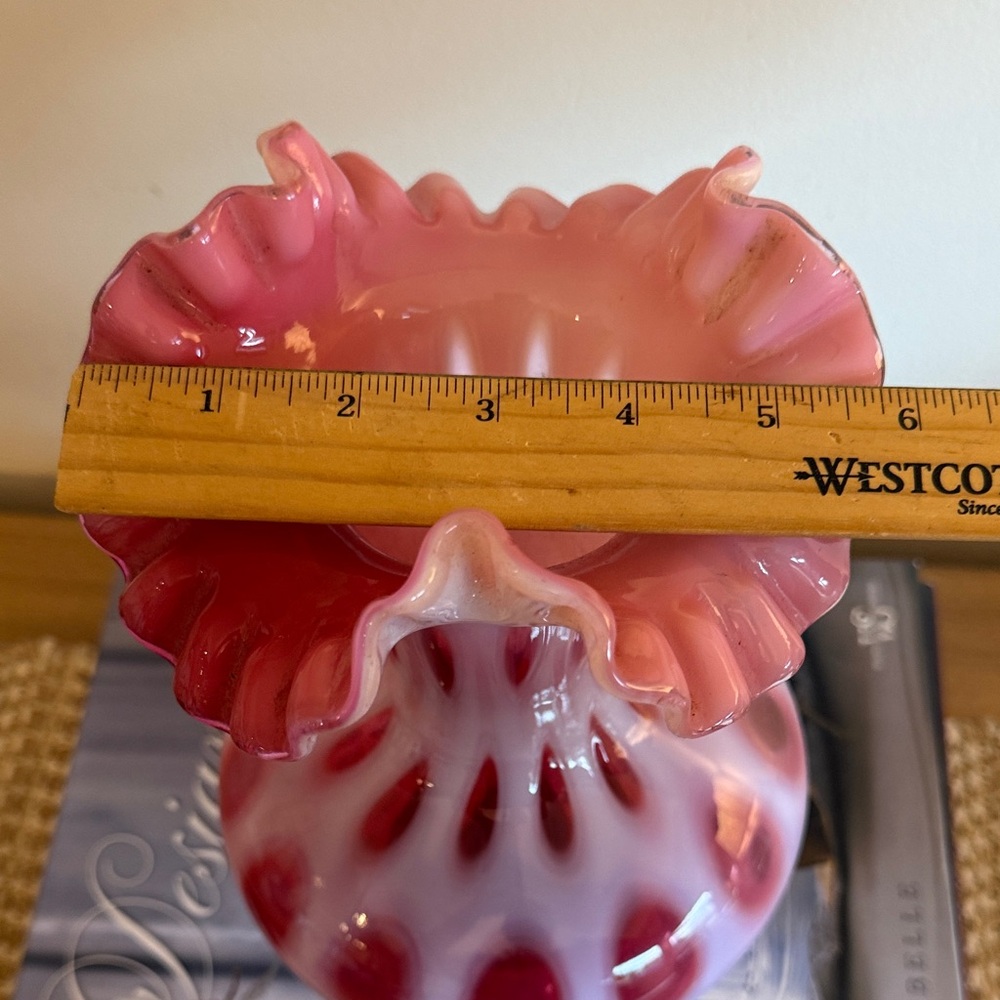 Fenton Cranberry Opalescent Coin Dot Ruffled Vase - Picture 5 of 5